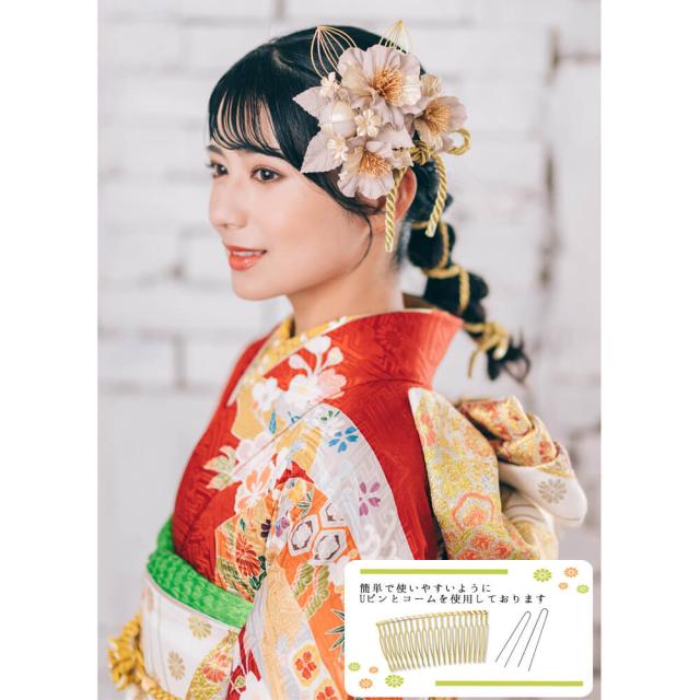 髪飾り　成人式　振袖　前撮り　袴　花　赤　ゴールド　Ｕピン　コーム　ウエディング　卒業式　水引　白　ベージュ　和装　椿_6