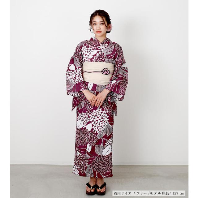 浴衣　レディース　綿麻　女性浴衣　単品　浴衣単品　ゆかた　大人　上品　個性　しっとり　白　えんじ　紫陽花　あじさい　花柄_3