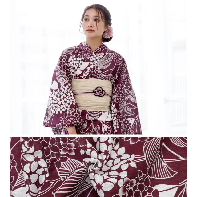 浴衣　レディース　綿麻　女性浴衣　単品　浴衣単品　ゆかた　大人　上品　個性　しっとり　白　えんじ　紫陽花　あじさい　花柄_4