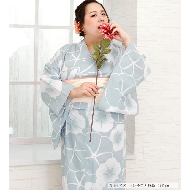 浴衣　大きいサイズ　レディース　ゆかた　大人　浴衣単品　３Ｌ　４Ｌ　ぽっちゃり　ふくよかさん向け　大きい　朝顔　ブルーグレー
