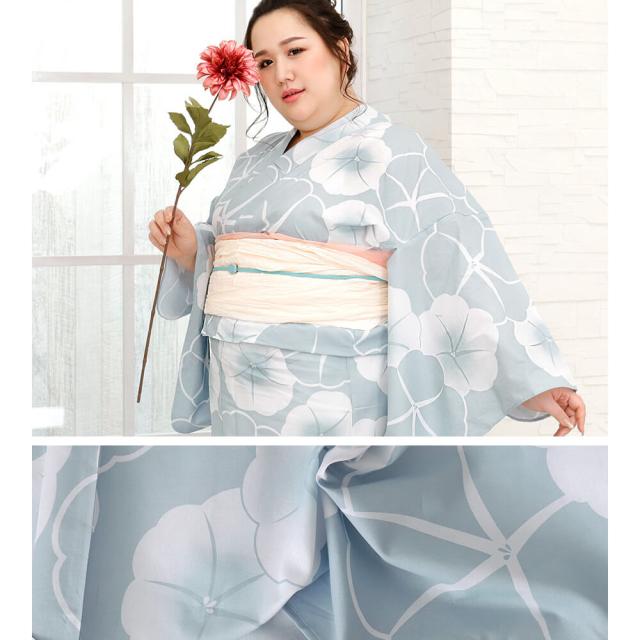 浴衣　大きいサイズ　レディース　ゆかた　大人　浴衣単品　３Ｌ　４Ｌ　ぽっちゃり　ふくよかさん向け　大きい　朝顔　ブルーグレー