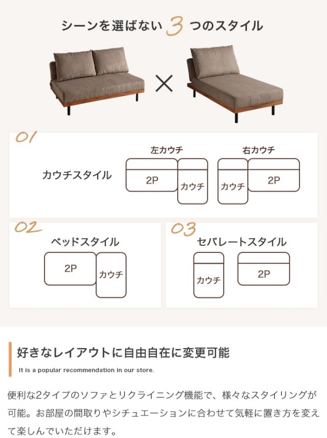 リクライニングコーデュロイ３人掛けカウチソファ　２点セット　リクライニングソファ　カウチソファ　ローソファ　ソファベッド_11