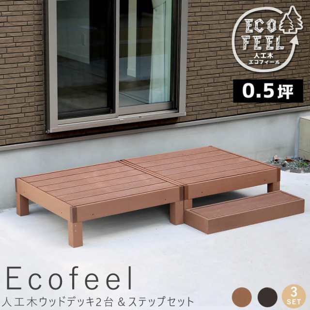 Ｅｃｏｆｅｅｌ（エコフィール）人工木ウッドデッキ２台＆ステップセット　手入れ簡単　人工木ウッドデッキ屋外用　ガーデン　送料無料