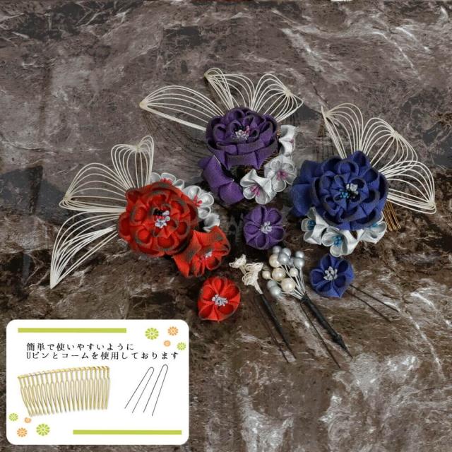 髪飾り　成人式　赤　つまみ細工　３点セット　レッド　白　ピンポンマム　菊　花　ぶら飾り　組紐　コーム　Ｕピン　卒業式　振袖_5