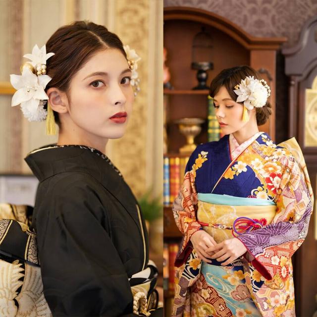 髪飾り　成人式　結婚式　振袖　ピンポンマム　Ｕピン　白　赤　つまみ細工　ちりめん　飾り玉　前撮り　卒業式　着物　和装　１３点_4