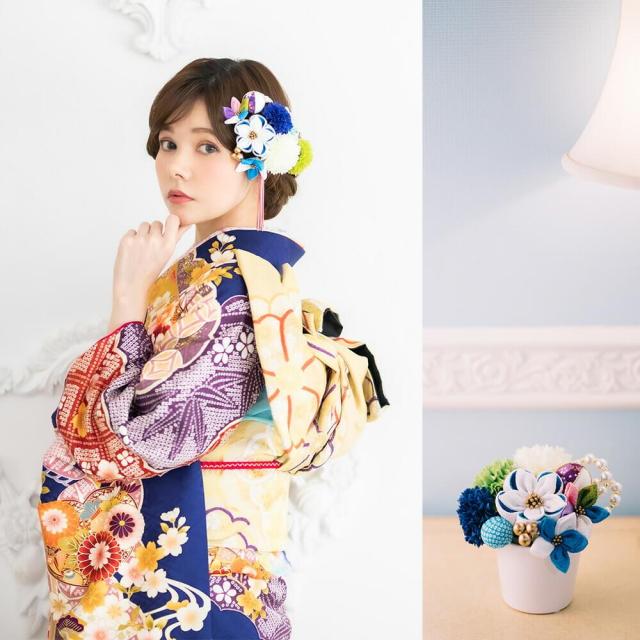 髪飾り　成人式　結婚式　振袖　ピンポンマム　Ｕピン　白　青　つまみ細工　ちりめん　飾り玉　前撮り　卒業式　着物　和装　１３点_4