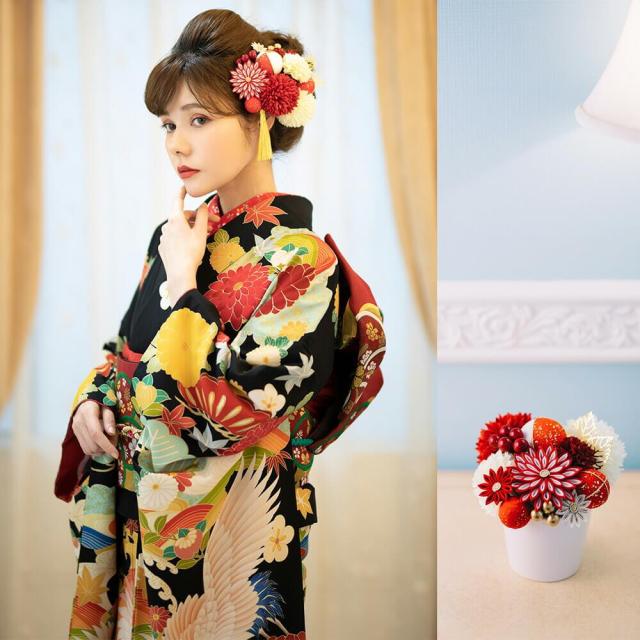 髪飾り　成人式　結婚式　振袖　ピンポンマム　Ｕピン　白　赤　つまみ細工　ちりめん　飾り玉　前撮り　卒業式　着物　和装　１５点_4