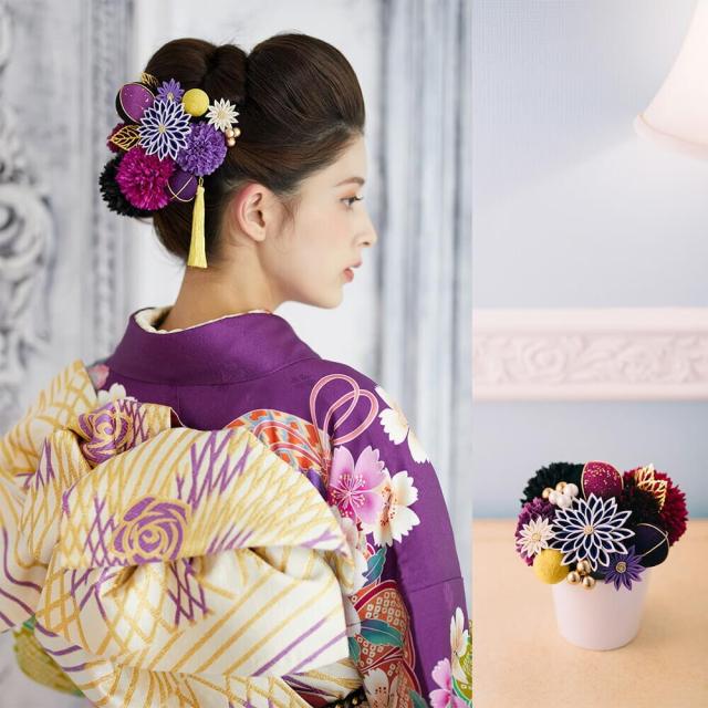 髪飾り　成人式　結婚式　振袖　ピンポンマム　Ｕピン　パープル　つまみ細工　ちりめん　飾り玉　前撮り　卒業式　着物　和装　１５点_4