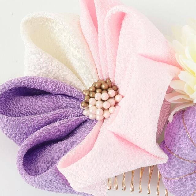 髪飾り　成人式　つまみ細工　２点セット　ピンク　白　ラベンダー　ピンポンマム　花　ちりめん　コーム　Ｕピン　卒業式　振袖　七五三_2