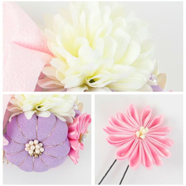 髪飾り　成人式　つまみ細工　２点セット　ピンク　白　ラベンダー　ピンポンマム　花　ちりめん　コーム　Ｕピン　卒業式　振袖　七五三_3
