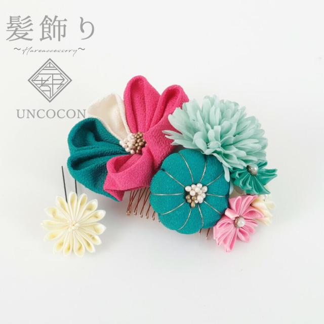 髪飾り　成人式　つまみ細工　２点セット　ピンク　グリーン　ピンポンマム　七五三　花　コーム　Ｕピン　卒業式　振袖　ちりめん　着物