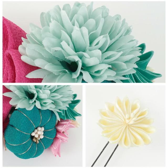 髪飾り 成人式 つまみ細工 2点セット ピンク グリーン ピンポンマム