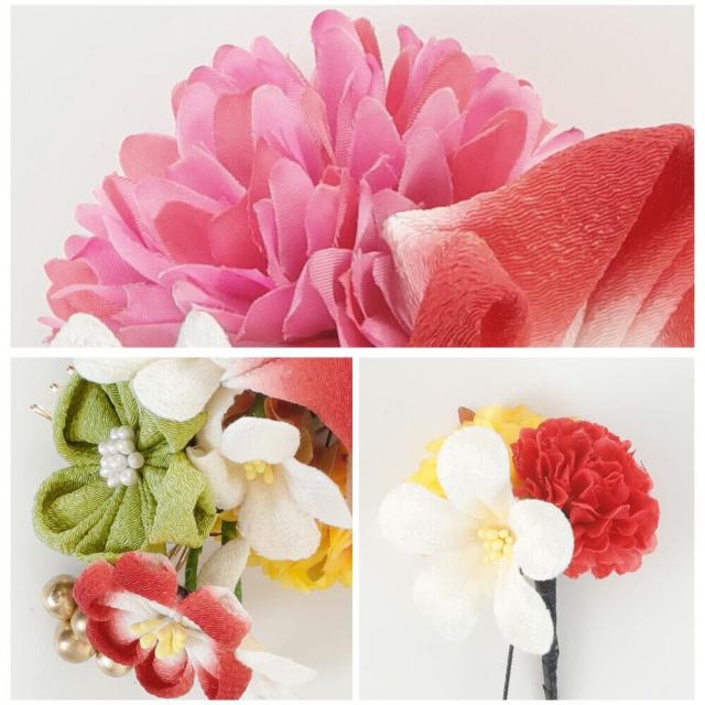 髪飾り　成人式　赤　レッド　前撮　花かんざし　コーム　Ｕピン　髪留め　卒業式　振袖り　着物　袴　日本製　　ちりめん　つまみ細工_3