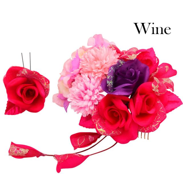髪飾り　成人式　ワイン　レッド　花かんざし　２点セット　コーム　Ｕピン　髪留め　卒業式　振袖　着物　袴　日本製　かんざし　和装 髪飾り 成人式 ワイン レッド 花かんざし 2点セット コーム Uピン 髪