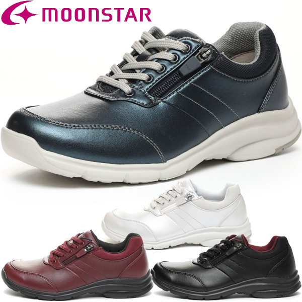 ムーンスター moonstar ウォーキングシューズ ワールドマーチ 軽量 4E ワイド 外側ファスナー付き 通気性に優れた合成皮革 WL3601 レディース