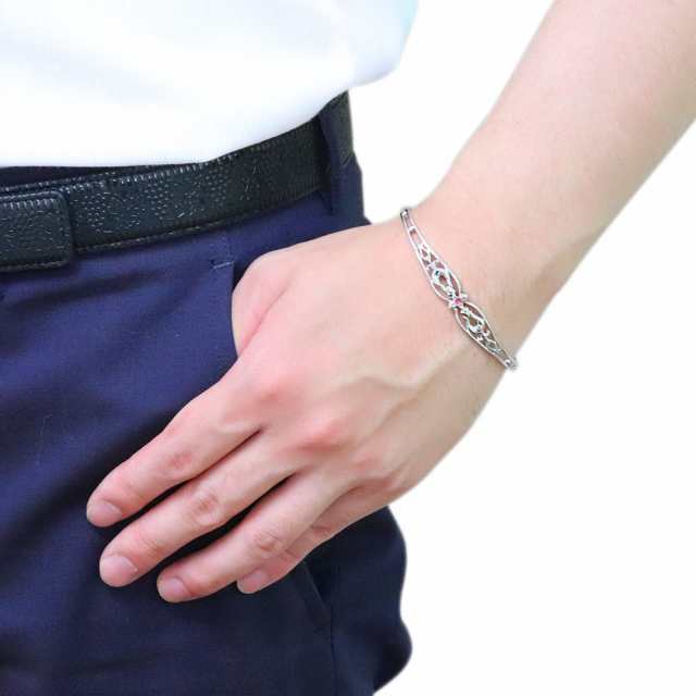 シルバー バングル メンズ 太め クロス 透かし ブレスレット