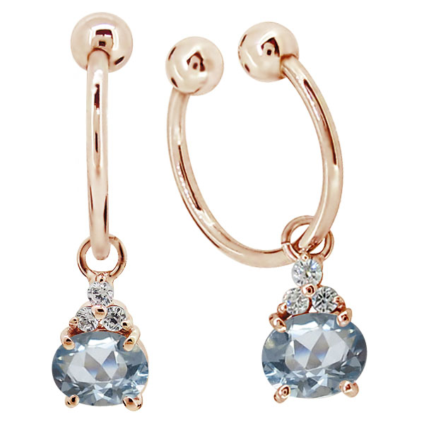 イヤリング 揺れる アクアマリン ノンホールピアス 10k ピンク イエロー イヤーカフ 10金 オーバル 両耳用 上品 大人