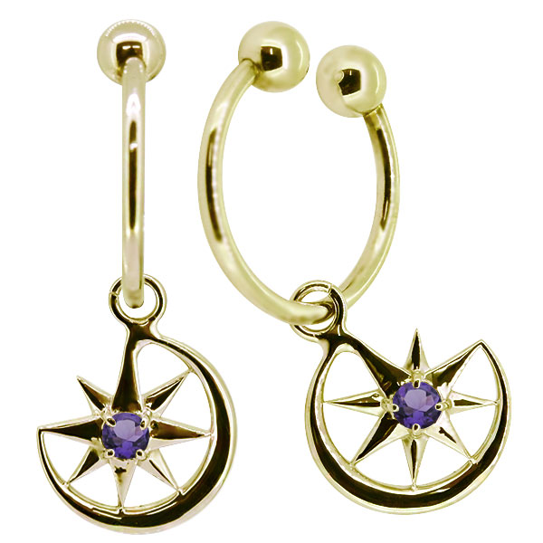 フープイヤリング k18 ノンホールピアス 揺れる 三日月 星 アメジスト  