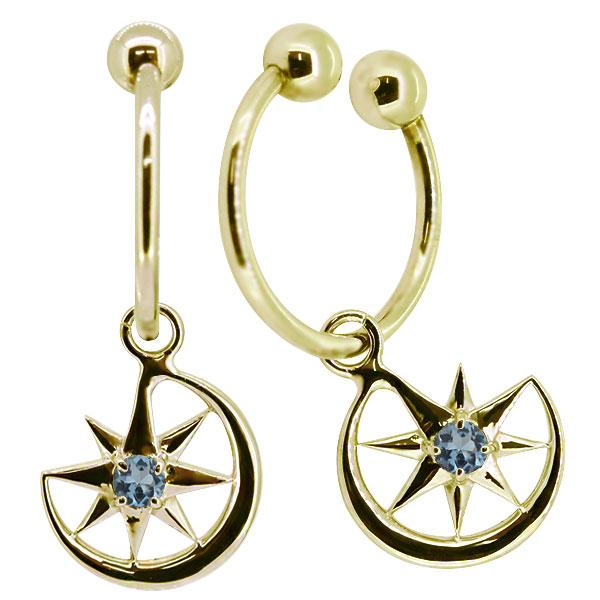 フープイヤリング k18 ノンホールピアス 揺れる 三日月 星 アクアマリンサンタマリア イヤーカフ レディース 痛くない 18k 両耳用 母の日
