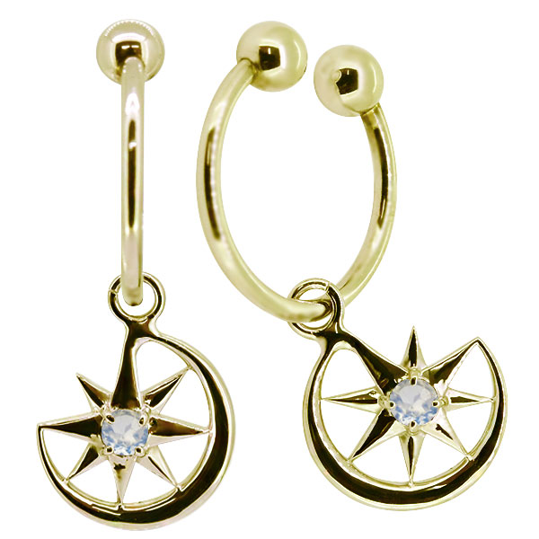 フープイヤリング k18 ノンホールピアス 揺れる 三日月 星 ロイヤルブルームーンストーン イヤーカフ レディース 痛くない 18k 両耳用 母の通販は