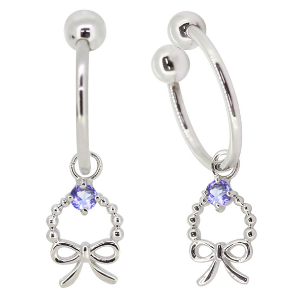 ノンホールピアス フープ 揺れる りぼん イヤリング タンザナイト 12月誕生石 プラチナ レディース イヤーカフの通販は
