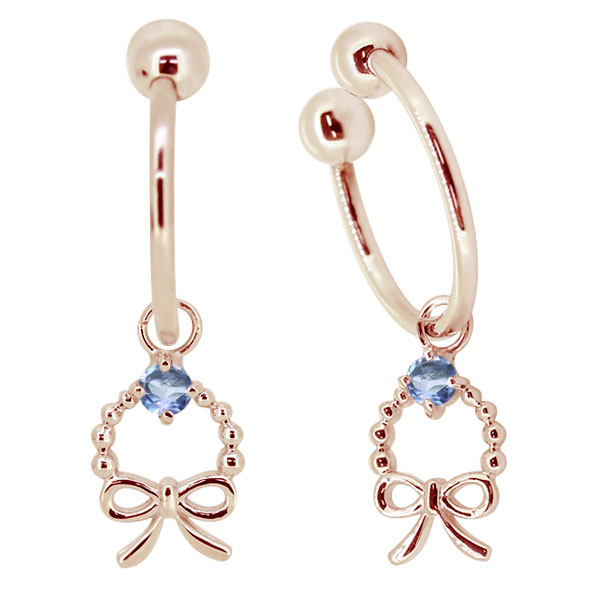 イヤリング レディース 揺れる リボン アクアマリンサンタマリア フープ ノンホールピアス 3月誕生石 10k りぼんの通販は 36,500円