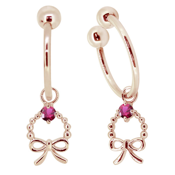 イヤリング レディース 揺れる リボン ルビー フープ ノンホールピアス 7月誕生石 10k りぼんの通販は
