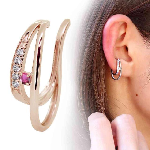 イヤーカフ レディース 片耳 2連 イヤカフ 10金 10k ルビー 誕生石 7月 イヤリングの通販は