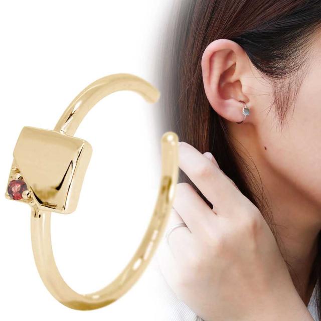 イヤーカフ イヤカフ レディース 片耳用 18金 18k 1月誕生石 ガーネット イヤリング 幾何学