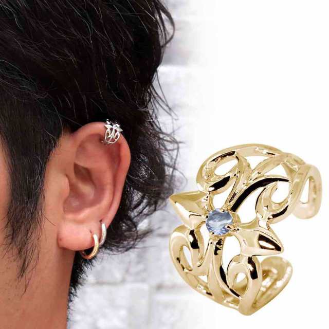 福袋特集 2024 18金 片耳 メンズ イヤーカフ クロス ゴールド かっこいい 18k カラーストーン