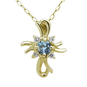 ペンダント ネックレス クロス十字架 一粒石 アクアマリン イエローゴールドk18 3月の誕生石 タマゴ型