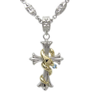 メンズ ネックレス クロス 蛇 プラチナ 18金 コンビ アクアマリンサンタマリア ペンダントの通販は