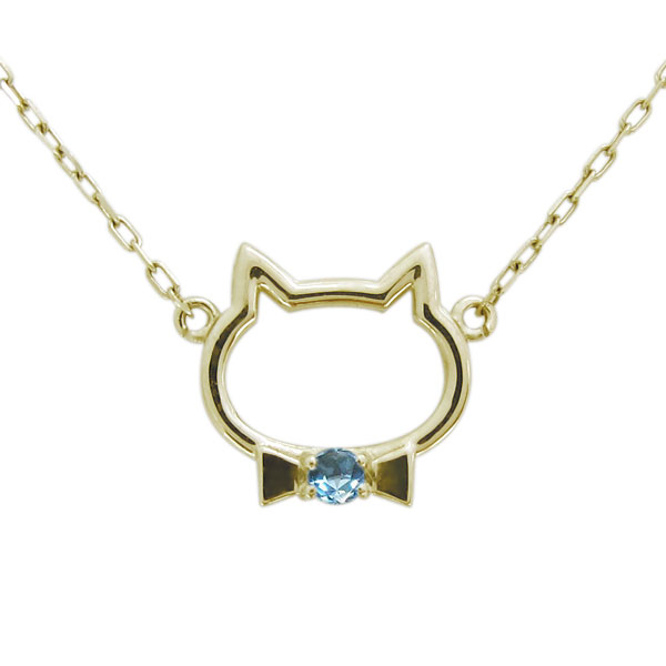 ブルートパーズ 猫 ネックレス ねこ ペンダント キャットフェイス K10の通販は