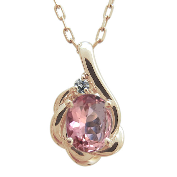 オーバルネックレス ピンクトルマリン K18 シンプルペンダント 一粒