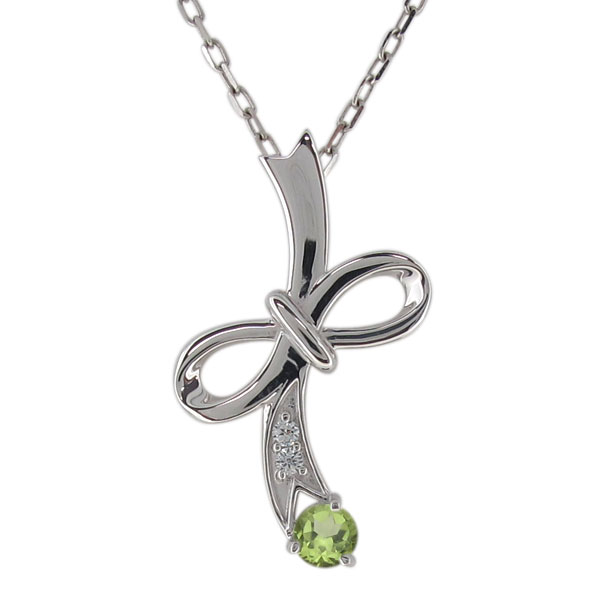 ペリドット・8月誕生石・リボン・ネックレス・プラチナ・ペンダント・レディースの通販は