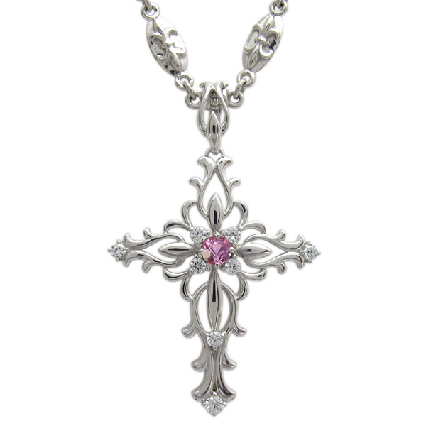 メンズ・ネックレス・シルバー・クロス・十字架・ピンクサファイア・9月誕生石