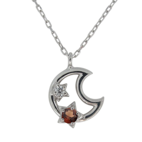 レディース・ネックレス・ガーネット・プラチナ・三日月・星・ペンダント