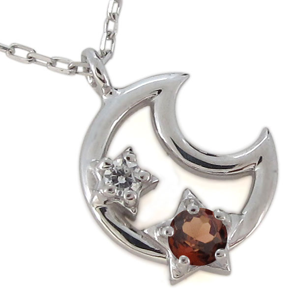 レディース・ネックレス・ガーネット・プラチナ・三日月・星・ペンダント