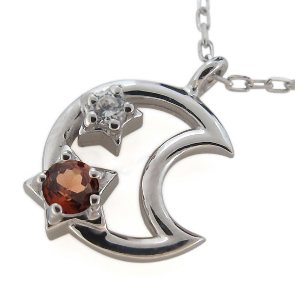 レディース・ネックレス・ガーネット・プラチナ・三日月・星・ペンダント