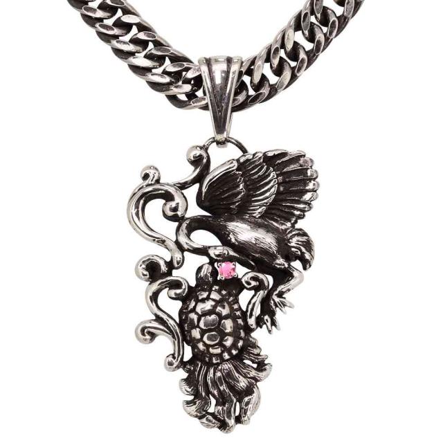 シルバーネックレス メンズ 喜平 鶴と亀 ペンダント SV925 ピンクトルマリン 誕生石 10月 鶴 亀の通販は