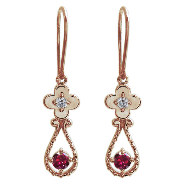 18金 フラワーピアス ルビー 花 フックピアス ミル打ち