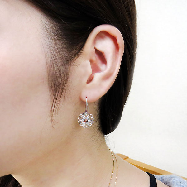 ガーネット ピアス ハート フックピアス 花モチーフ 10金 ピアス