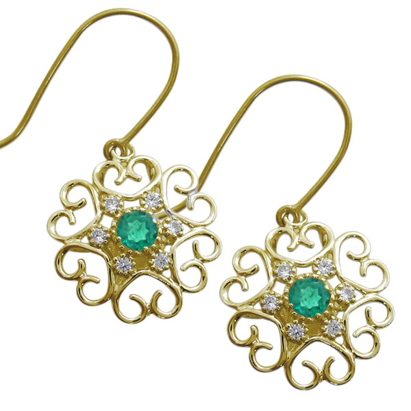 エメラルド ピアス ハート フックピアス 花モチーフ 10金 ピアス