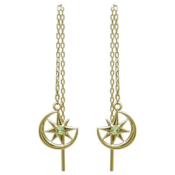 ロングピアス 星 月モチーフ ピアス ペリドットピアス 18金