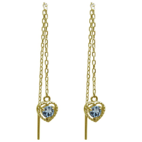 ロングピアス アクアマリンサンタマリア ハートピアス ミル打ちデザイン