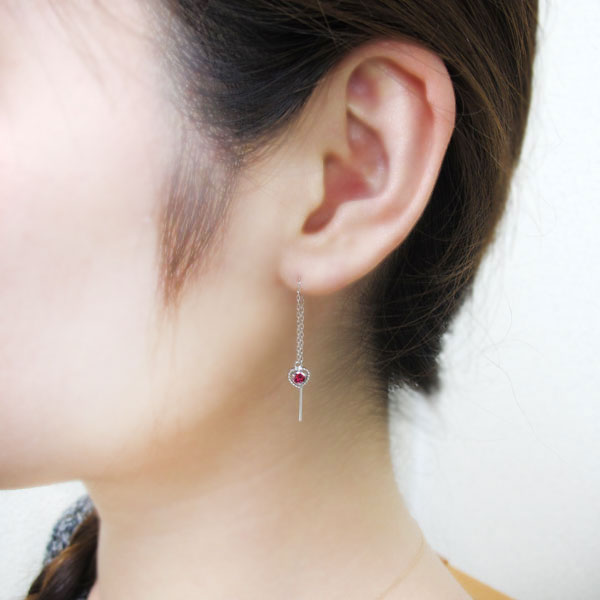 専用★LUCE&ME★18k ptit heart ロングピアス ルビー ピアス ハート ロングピアス ミル打ち 10金ピアス