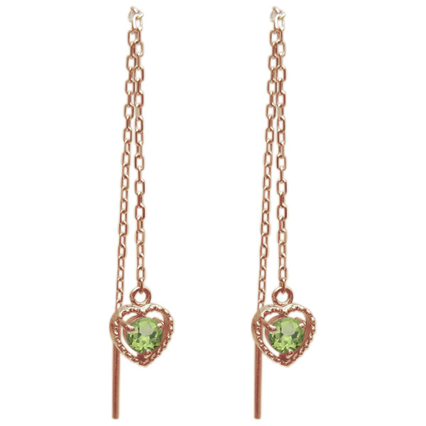 ペリドット ピアス ハート ロングピアス ミル打ち 10金ピアス