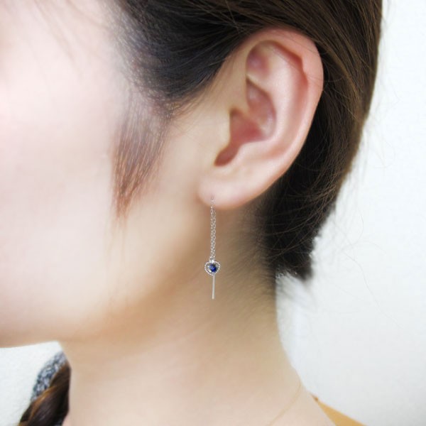 サファイア ピアス ハート ロングピアス ミル打ち 10金ピアスの