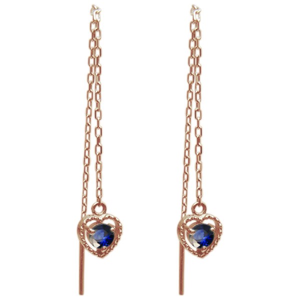 【時間指定不可】 サファイア ピアス ハート ロングピアス ミル打ち 10金ピアスの サファイア