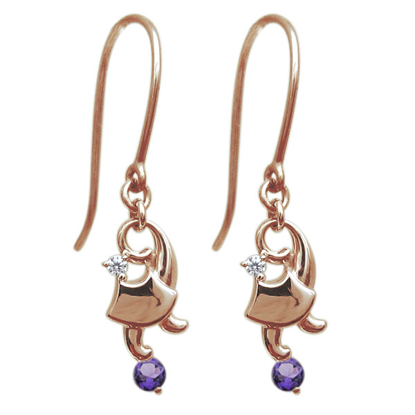 アメジスト キャットピアス 猫 ピアス 10金 フックピアス